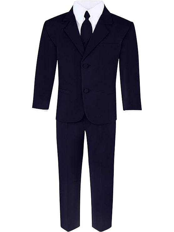 Boy's Navy Blue 6-Piece Suit Set - Includes Suit Jacket, Dress Pants, Matching Vest, White Dress Shirt, Neck Tie & Bow Tie