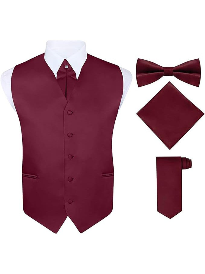 S.H. Churchill & Co. Men's 5 Piece Vest Set, with Cravat, Bow Tie, Neck Tie & Pocket Hanky-Burgundy