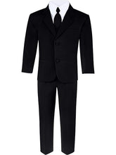 Load image into Gallery viewer, Boys Black 6-Piece Suit Set - Includes Suit Jacket, Dress Pants, Matching Vest, White Dress Shirt, Neck Tie & Bow Tie