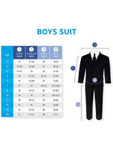 Load image into Gallery viewer, Boys Black 6-Piece Suit Set - Includes Suit Jacket, Dress Pants, Matching Vest, White Dress Shirt, Neck Tie & Bow Tie