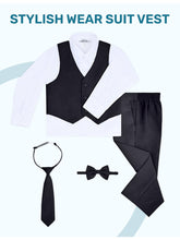 Load image into Gallery viewer, Boys Black 6-Piece Suit Set - Includes Suit Jacket, Dress Pants, Matching Vest, White Dress Shirt, Neck Tie & Bow Tie