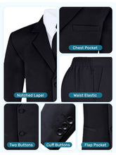 Load image into Gallery viewer, Boys Black 6-Piece Suit Set - Includes Suit Jacket, Dress Pants, Matching Vest, White Dress Shirt, Neck Tie & Bow Tie