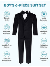 Load image into Gallery viewer, Boys Black 6-Piece Suit Set - Includes Suit Jacket, Dress Pants, Matching Vest, White Dress Shirt, Neck Tie & Bow Tie