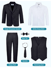 Load image into Gallery viewer, Boys Black 6-Piece Suit Set - Includes Suit Jacket, Dress Pants, Matching Vest, White Dress Shirt, Neck Tie & Bow Tie