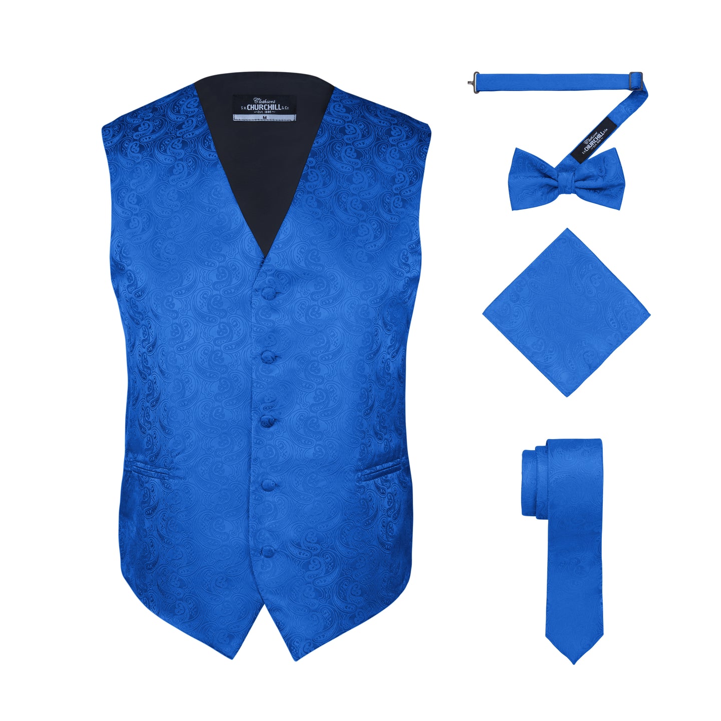 S.H. Churchill & Co. Men's Royal Blue Paisley Vest Set, with Bow Tie, Neck Tie and Pocket Hanky