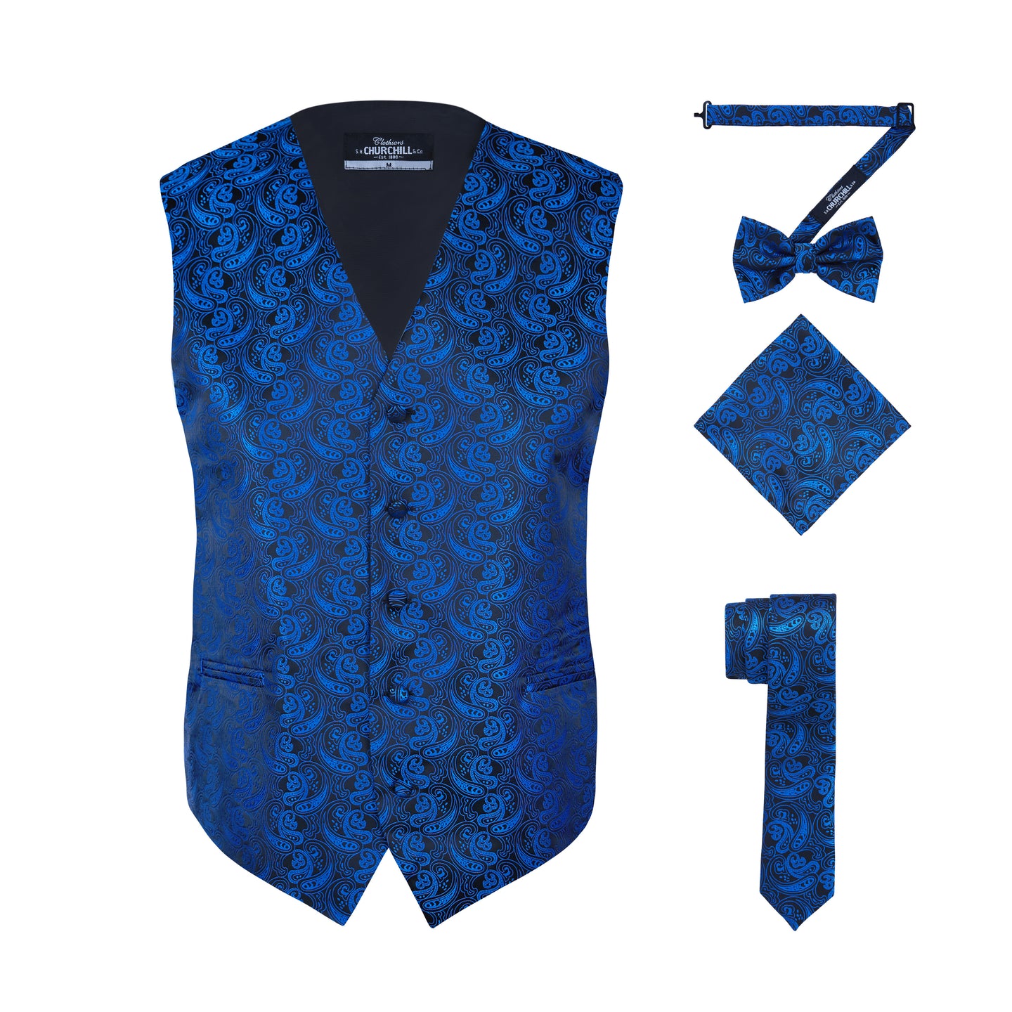 S.H. Churchill & Co. Men's Blue/Black Paisley Vest Set, with Bow Tie, Neck Tie and Pocket Hanky