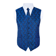 Load image into Gallery viewer, S.H. Churchill &amp; Co. Men&#39;s Blue/Black Paisley Vest Set, with Bow Tie, Neck Tie and Pocket Hanky
