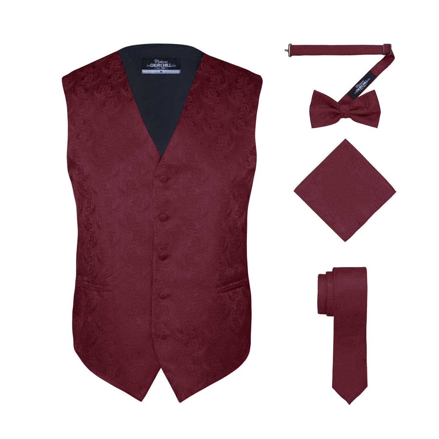 S.H. Churchill & Co. Men's Burgundy Paisley Vest Set, with Bow Tie, Neck Tie and Pocket Hanky