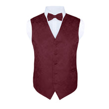 Load image into Gallery viewer, S.H. Churchill &amp; Co. Men&#39;s Burgundy Paisley Vest Set, with Bow Tie, Neck Tie and Pocket Hanky
