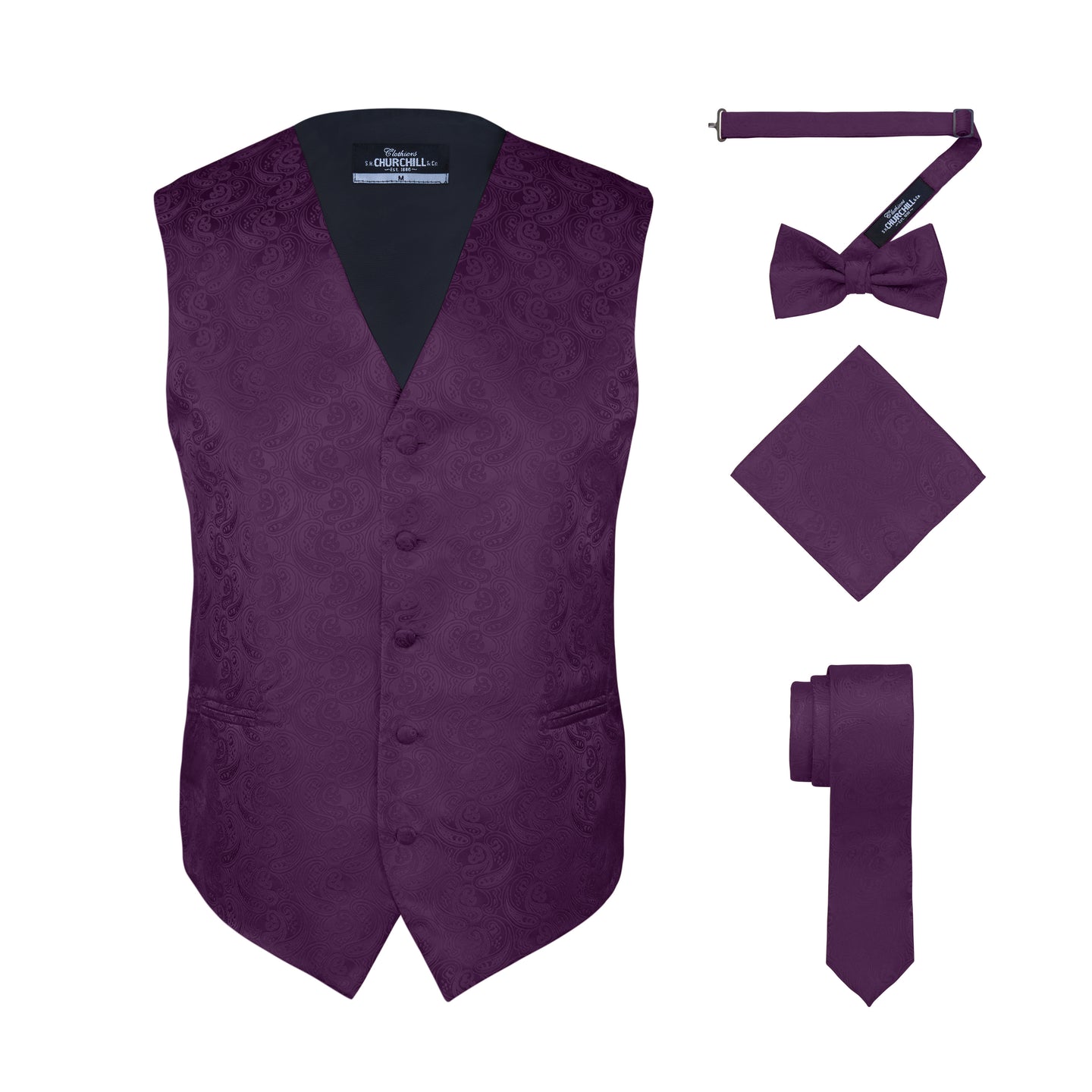 S.H. Churchill & Co. Men's Purple Paisley Vest Set, with Bow Tie, Neck Tie and Pocket Hanky