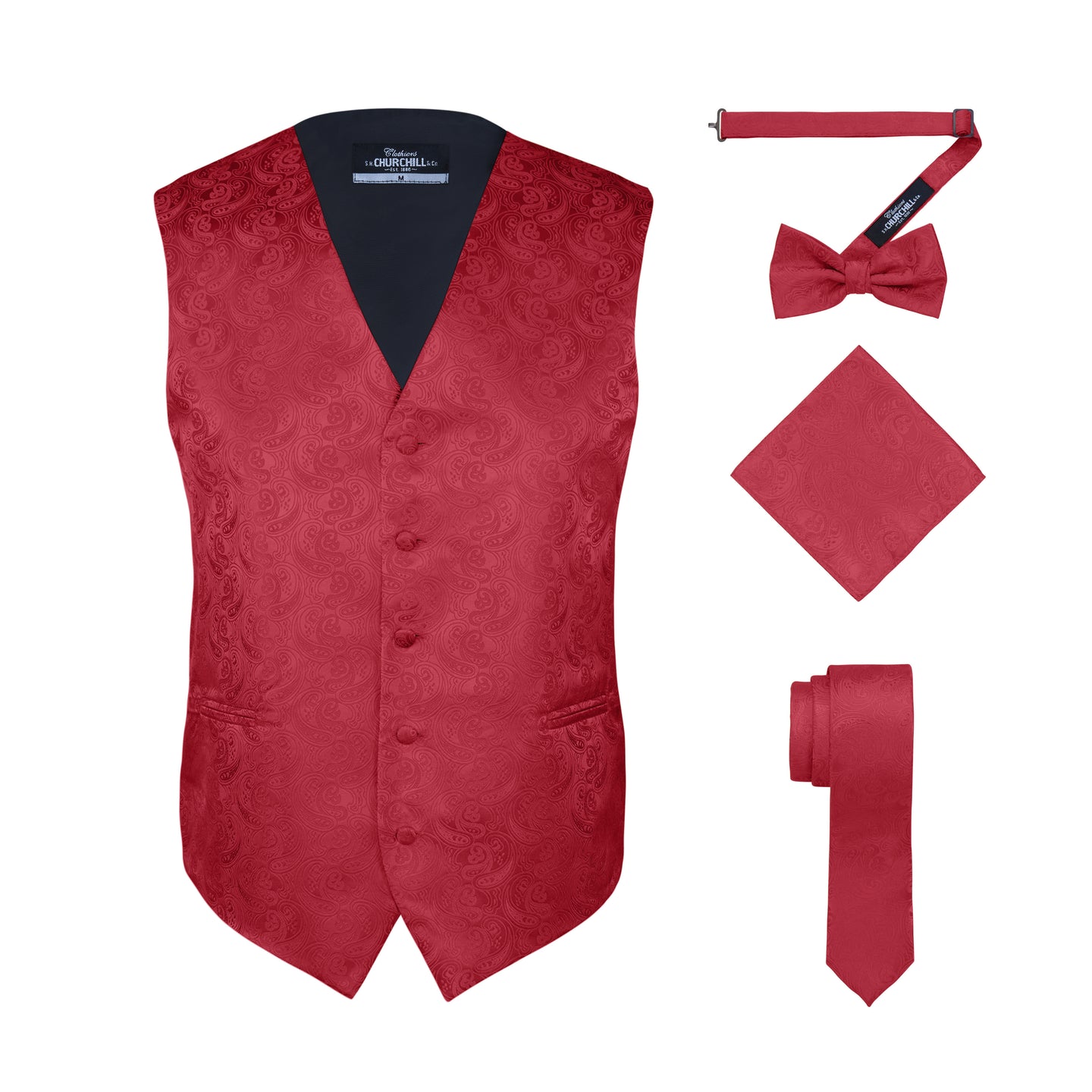 S.H. Churchill & Co. Men's Red Paisley Vest Set, with Bow Tie, Neck Tie and Pocket Hanky