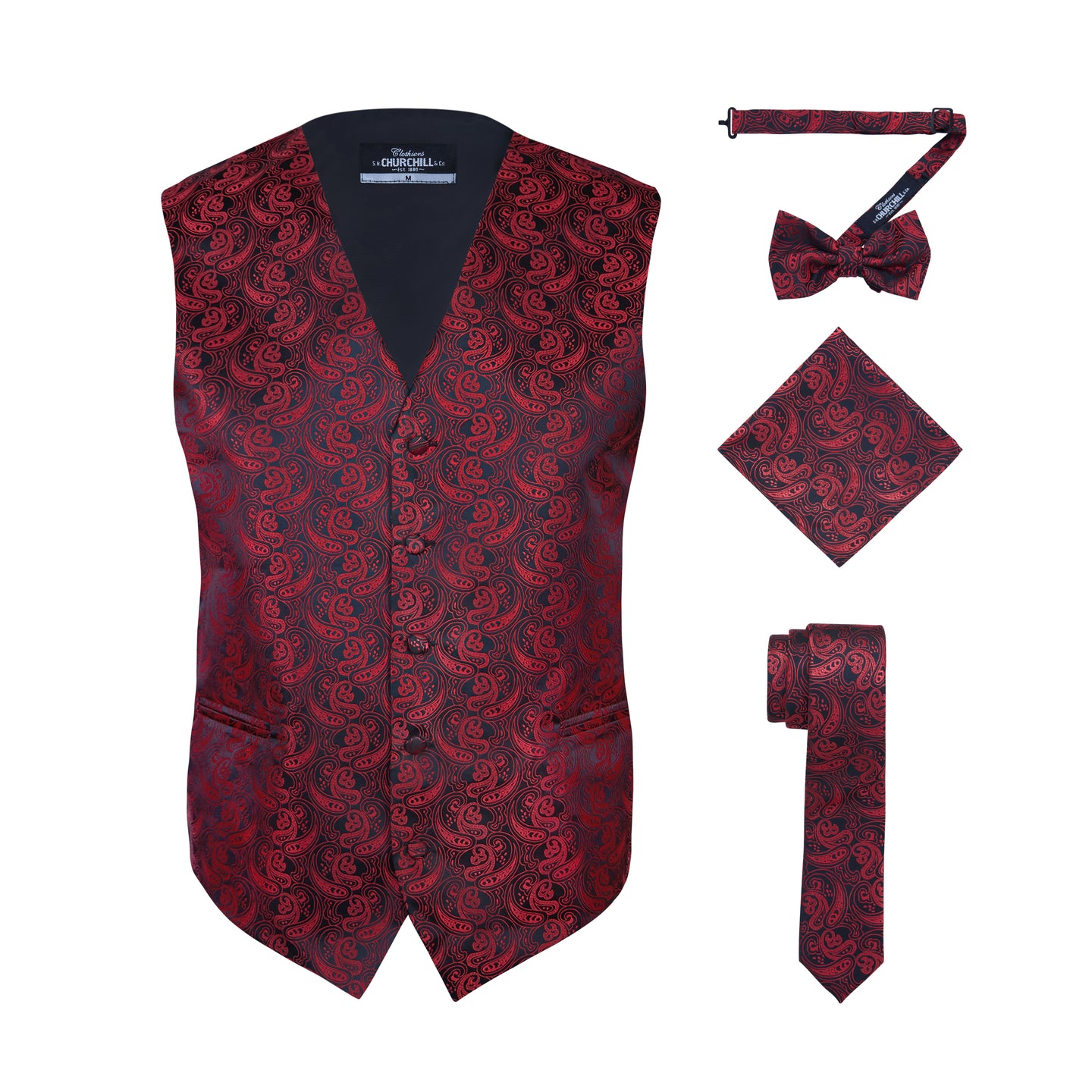 S.H. Churchill & Co. Men's Red/Black Paisley Vest Set, with Bow Tie, Neck Tie and Pocket Hanky