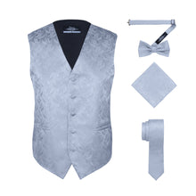 Load image into Gallery viewer, S.H. Churchill &amp; Co. Men&#39;s Silver Paisley Vest Set, with Bow Tie, Neck Tie and Pocket Hanky
