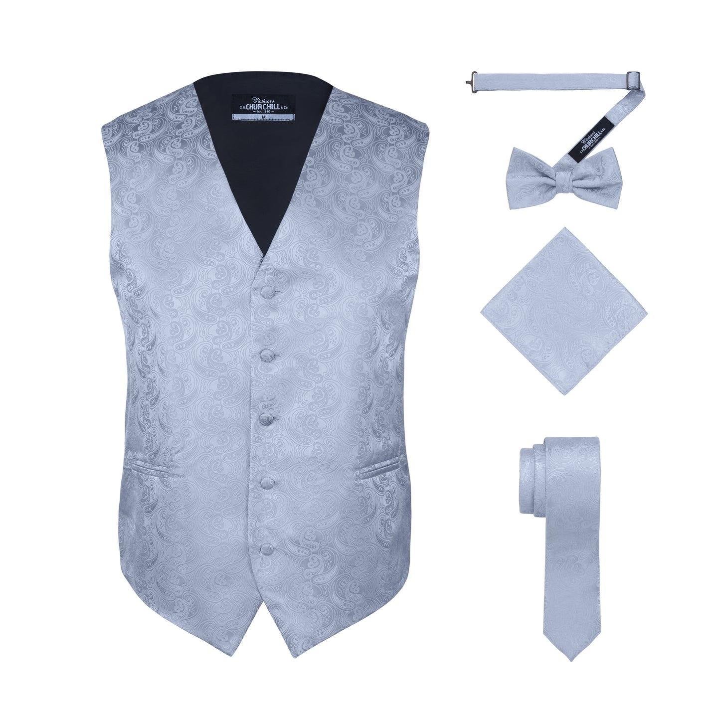 S.H. Churchill & Co. Men's Silver Paisley Vest Set, with Bow Tie, Neck Tie and Pocket Hanky