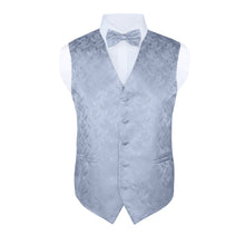 Load image into Gallery viewer, S.H. Churchill &amp; Co. Men&#39;s Silver Paisley Vest Set, with Bow Tie, Neck Tie and Pocket Hanky
