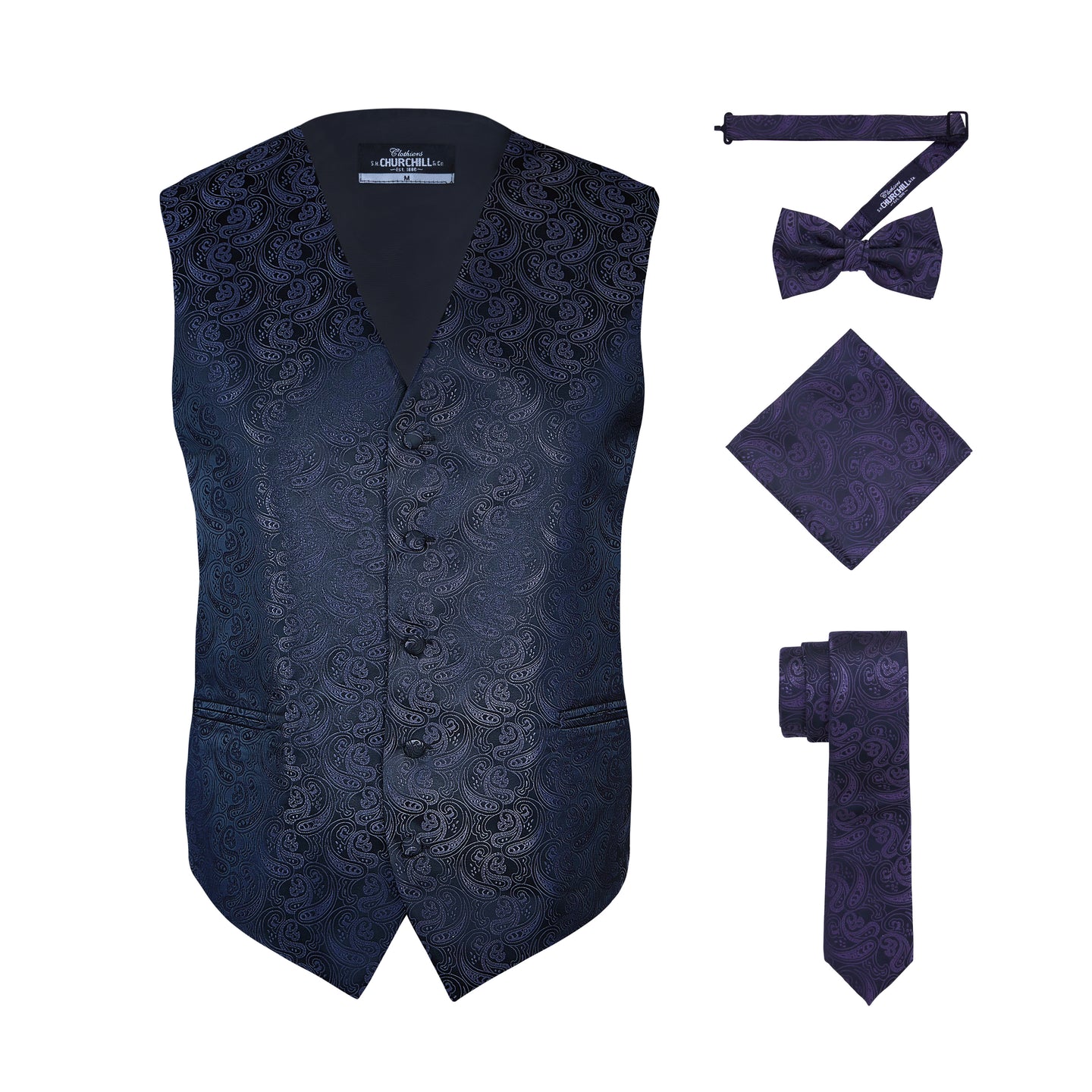 S.H. Churchill & Co. Men's Silver/Black Paisley Vest Set, with Bow Tie, Neck Tie and Pocket Hanky