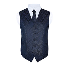 Load image into Gallery viewer, S.H. Churchill &amp; Co. Men&#39;s Silver/Black Paisley Vest Set, with Bow Tie, Neck Tie and Pocket Hanky
