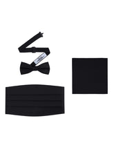Load image into Gallery viewer, Black Satin Formal Accessory Set with Bow Tie, Cummerbund &amp; Pocket Hanky by S.H.Churchill
