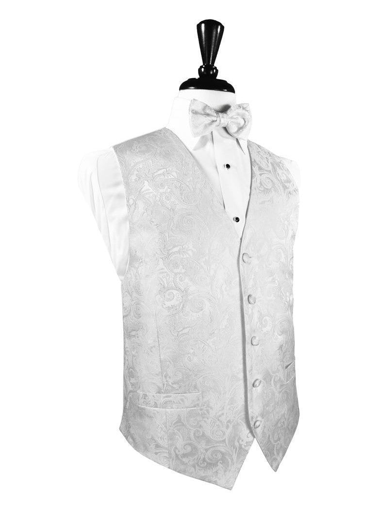 100% Silk White Tapestry Pattern Tuxedo Vest and Tie Set