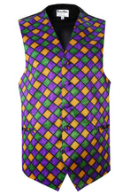 Load image into Gallery viewer, Purple Mardi Gras Harlequin Tuxedo Vest and Bowtie Set