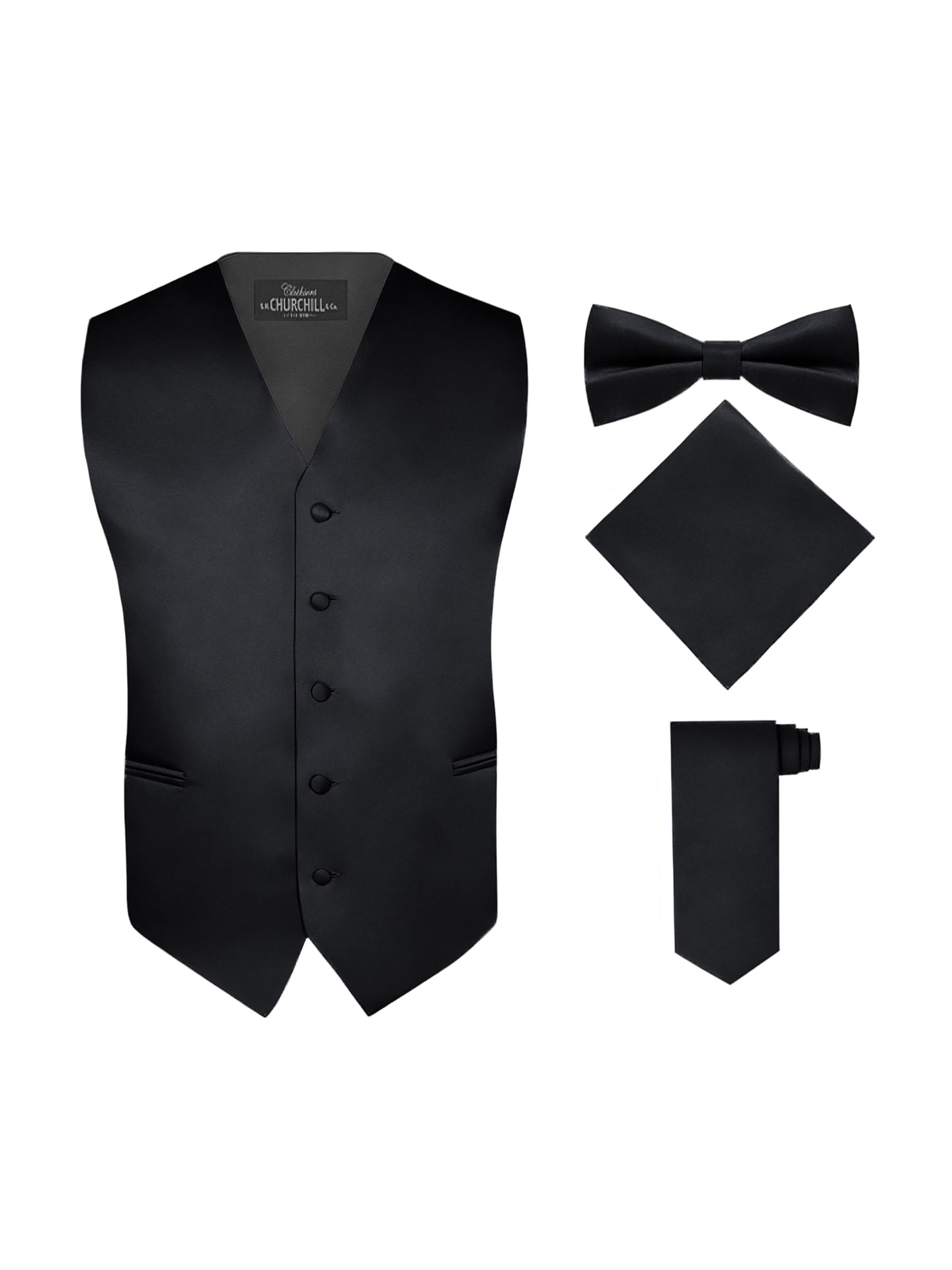 S.H. Churchill & Co. Men's 4 Piece Black Vest Set, with Bow Tie, Neck Tie & Pocket Hankie