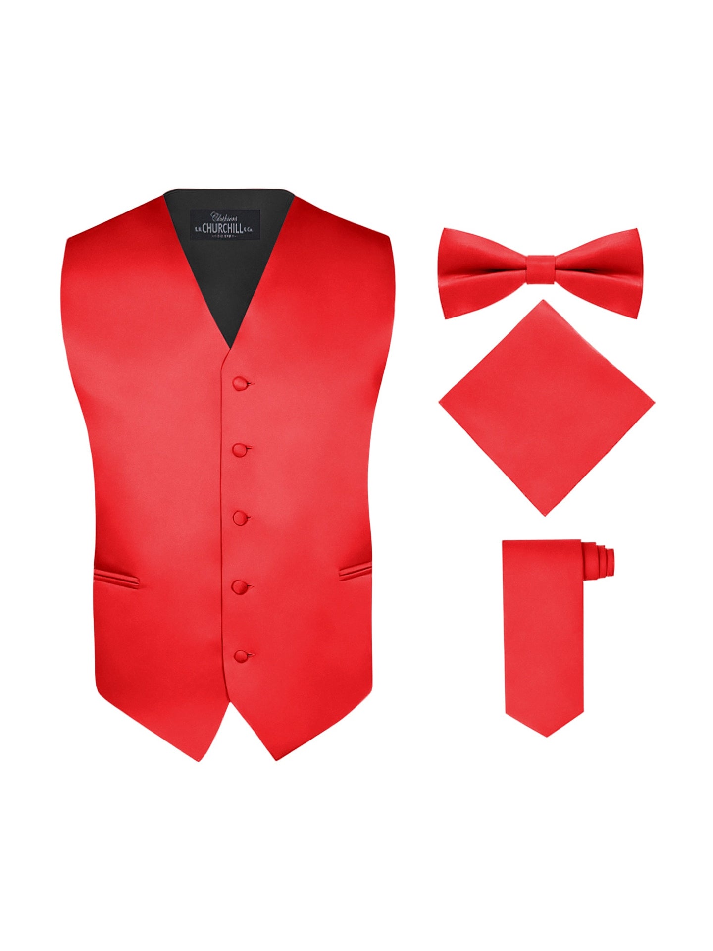 S.H. Churchill & Co. Men's 4 Piece Red Vest Set, with Bow Tie, Neck Tie & Pocket Hankie