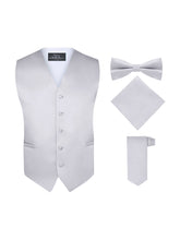 Load image into Gallery viewer, S.H. Churchill &amp; Co. Men&#39;s 4 Piece Silver Vest Set, with Bow Tie, Neck Tie &amp; Pocket Hankie
