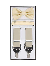 Load image into Gallery viewer, S.H. Churchill &amp; Co. Men&#39;s 3 Piece Cream Suspender Set - Includes Suspenders, Matching Bow Tie, Pocket Hanky and Gift Box
