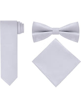Load image into Gallery viewer, S.H. Churchill &amp; Co. Men&#39;s 4 Piece Silver Vest Set, with Bow Tie, Neck Tie &amp; Pocket Hankie
