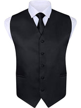Load image into Gallery viewer, S.H. Churchill &amp; Co. Men&#39;s 4 Piece Black Vest Set, with Bow Tie, Neck Tie &amp; Pocket Hankie
