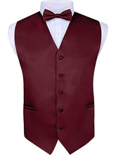 Load image into Gallery viewer, S.H. Churchill & Co. Men's 4 Piece Burgundy Vest Set, with Bow Tie, Neck Tie & Pocket Hankie