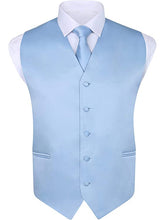 Load image into Gallery viewer, S.H. Churchill &amp; Co. Men&#39;s 4 Piece Light Blue Vest Set, with Bow Tie, Neck Tie &amp; Pocket Hankie
