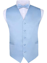 Load image into Gallery viewer, S.H. Churchill & Co. Men's 4 Piece Light Blue Vest Set, with Bow Tie, Neck Tie & Pocket Hankie