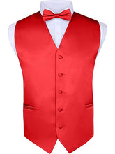 Load image into Gallery viewer, S.H. Churchill &amp; Co. Men&#39;s 4 Piece Red Vest Set, with Bow Tie, Neck Tie &amp; Pocket Hankie
