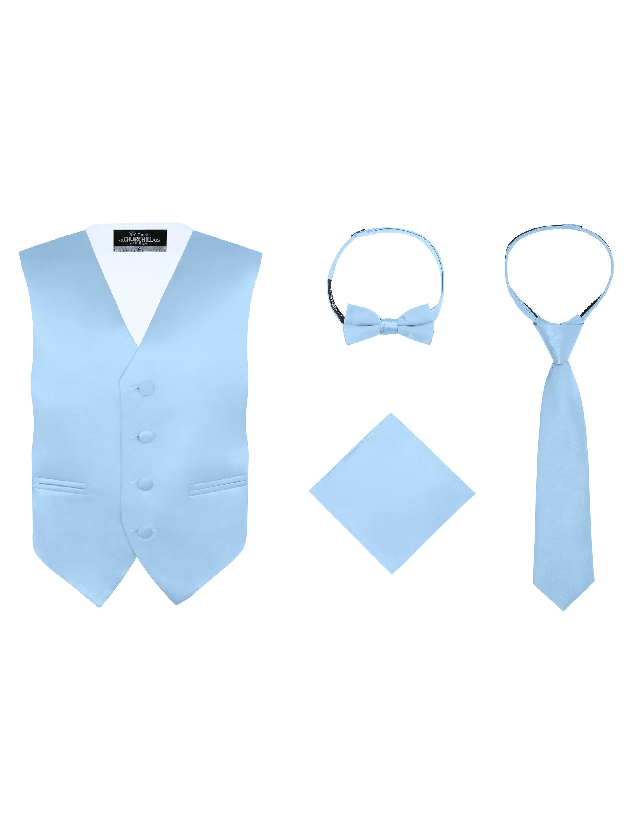 S.H. Churchill & Co. Boy's 4-Piece Formal Vest Set With Bow Tie, Neck Tie & Pocket Square