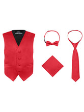 Load image into Gallery viewer, Boy&#39;s 4 Piece Vest Set, with Bow Tie, Neck Tie &amp; Pocket Hankie
