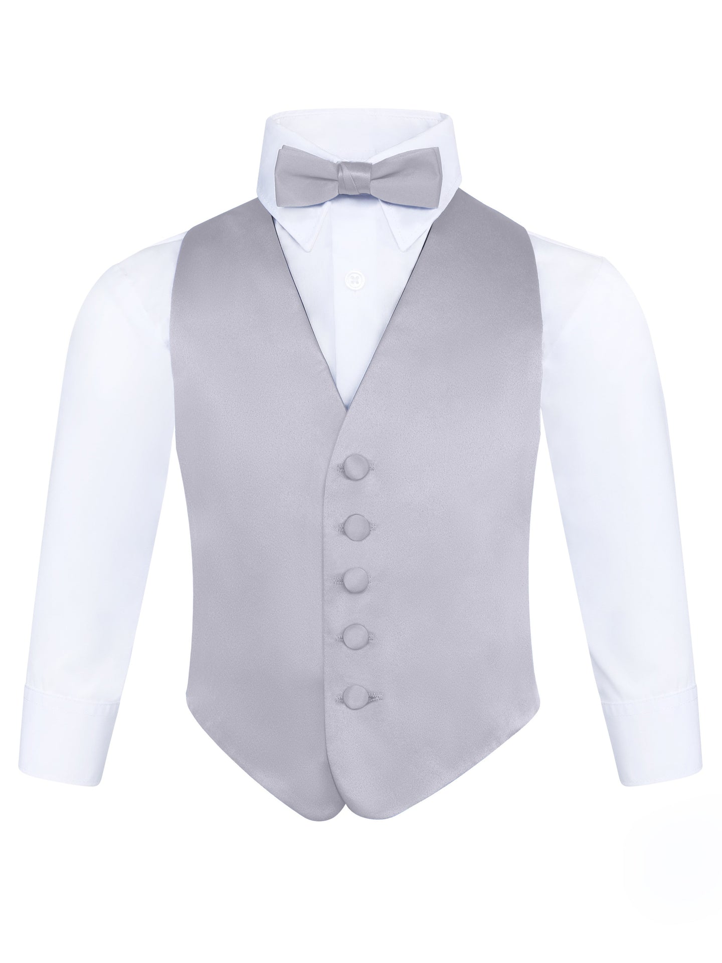 S.H. Churchill & Co. Boy's 3 Piece Silver Backless Formal Vest Set - Includes Vest, Bow Tie, Pocket Square for Tuxedo or Suit