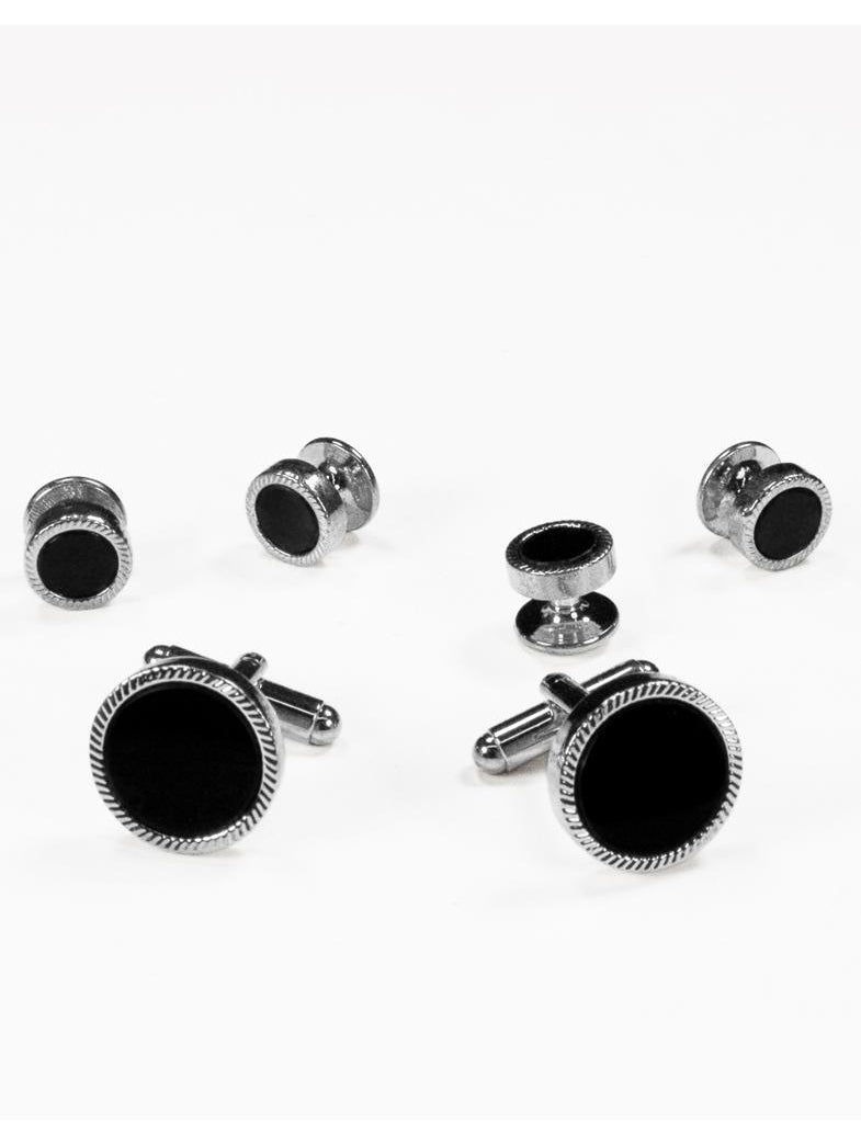 Black Circular Onyx with Silver Feather Cut Edge Studs and Cufflinks Set