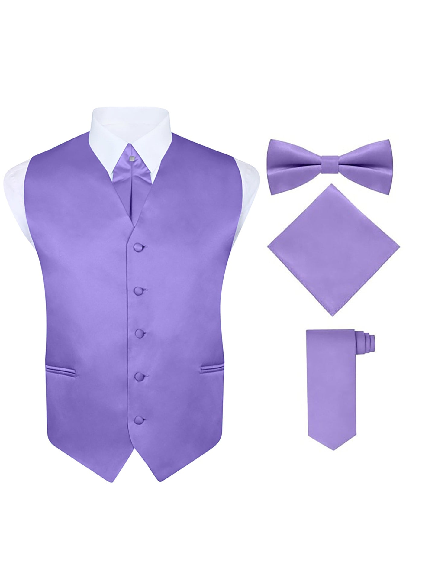 S.H. Churchill & Co. Men's 5 Piece Vest Set, with Cravat, Bow Tie, Neck Tie & Pocket Hanky-Light Purple