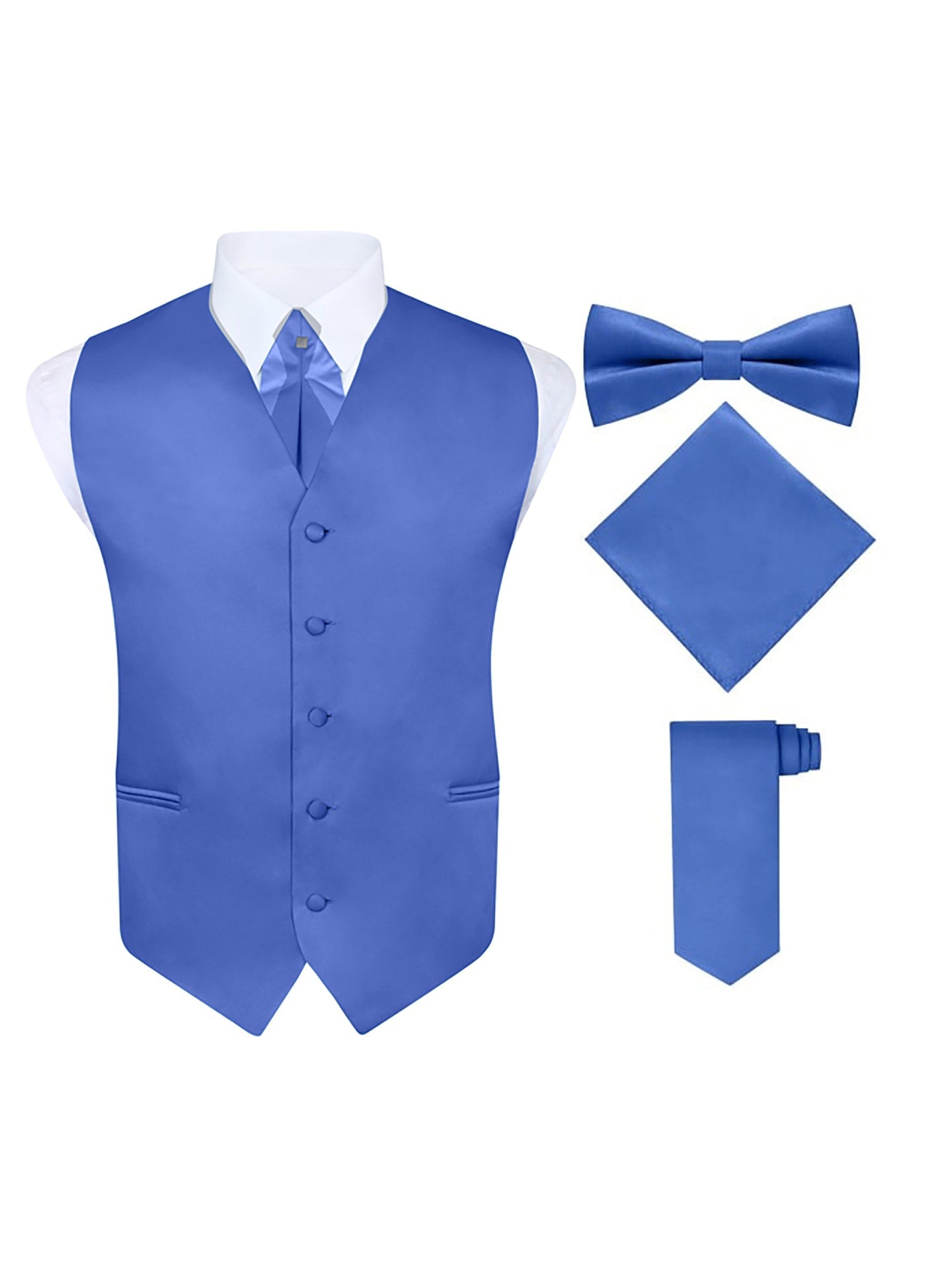 S.H. Churchill & Co. Men's 5 Piece Vest Set, with Cravat, Bow Tie, Neck Tie & Pocket Hanky-Royal Blue