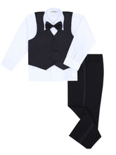 Load image into Gallery viewer, Boys 5 Piece Black Tuxedo Set - Includes Formal Jacket, Pants, Shirt, Vest & Bow Tie - Black