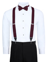 Load image into Gallery viewer, S.H. Churchill &amp; Co. Men&#39;s 3 Piece Merlot Suspender Set - Includes Suspenders, Matching Bow Tie, Pocket Hanky and Gift Box
