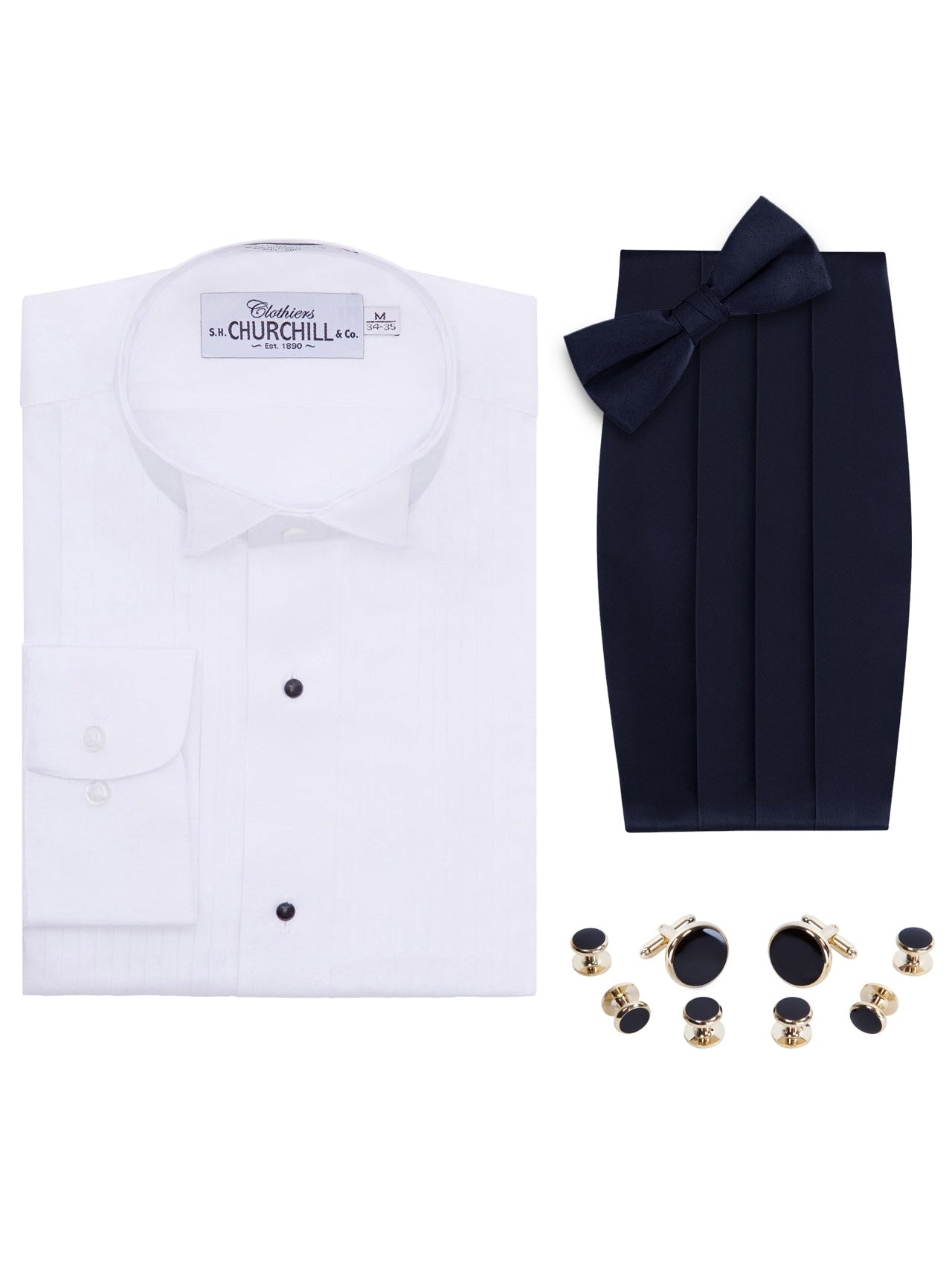 Wing Collar Tuxedo Shirt Cummerbund Bow Tie Cufflink Studs Set Fine Tuxedos