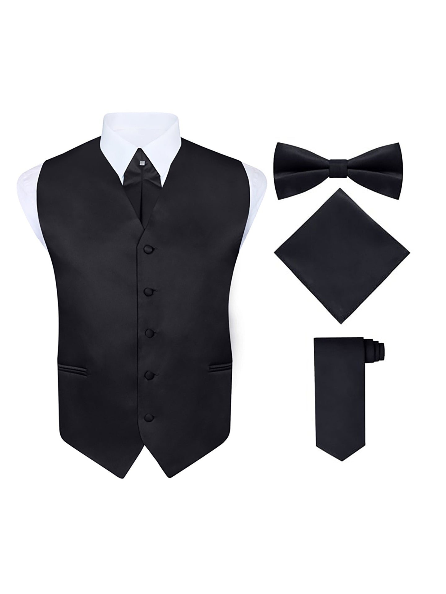 S.H. Churchill & Co. Men's 5 Piece Vest Set, with Cravat, Bow Tie, Neck Tie & Pocket Hanky-Black