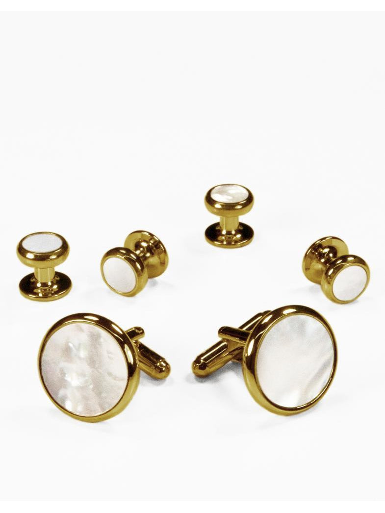 White Mother of Pearl in Gold Cufflinks & Studs with Gold Trim