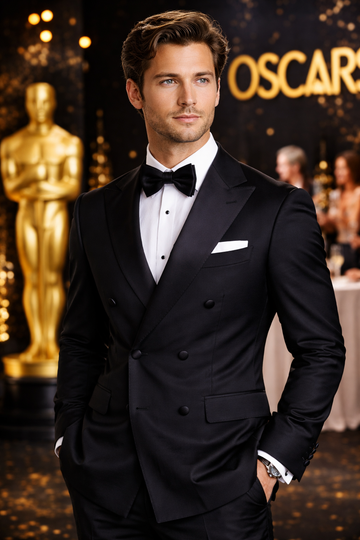 men’s black double breasted tuxedo Oscars red carpet style