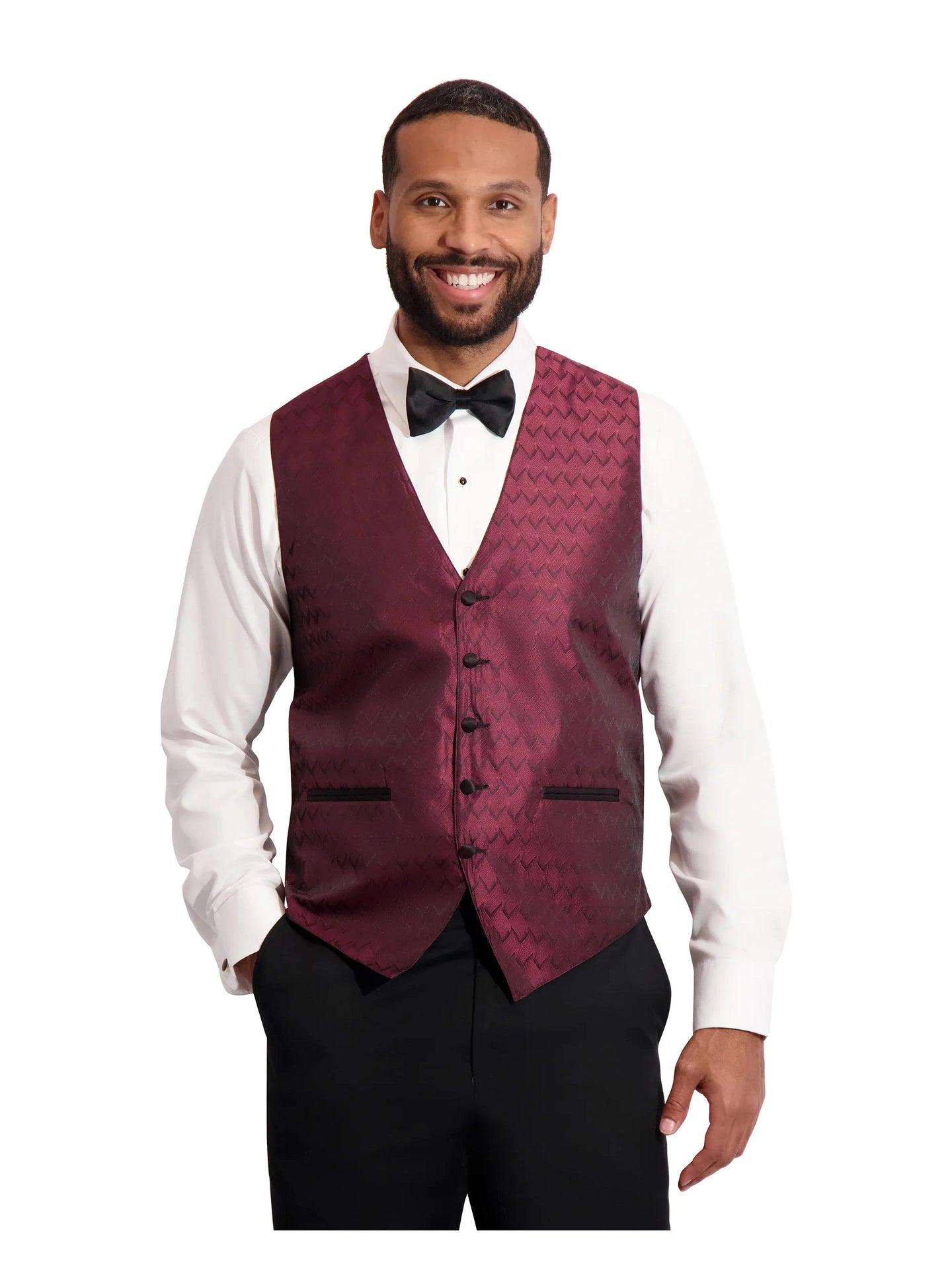 Wave Jacquard Tuxedo Vest (#132V) - Burgundy and Tie Set