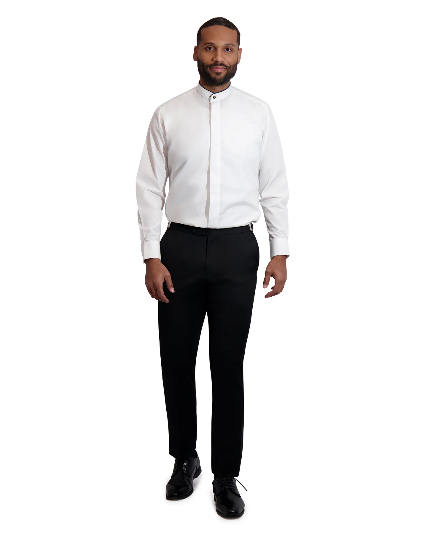 Men's Mandarin Fly Front Tuxedo Shirt with Black Piping