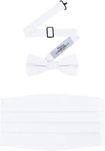 Load image into Gallery viewer, White Silk Formal Cummerbund &amp; Pre-Tied Bowtie Boxed Gift Set
