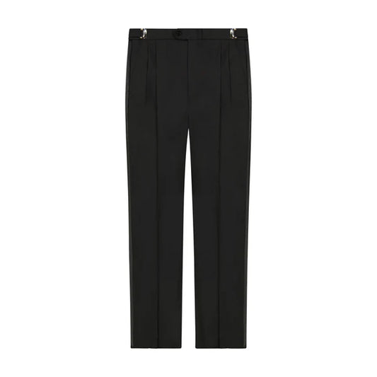 100% Worsted Wool Tuxedo Trousers -Pleated Adjustable Waist Black Tuxedo Pants